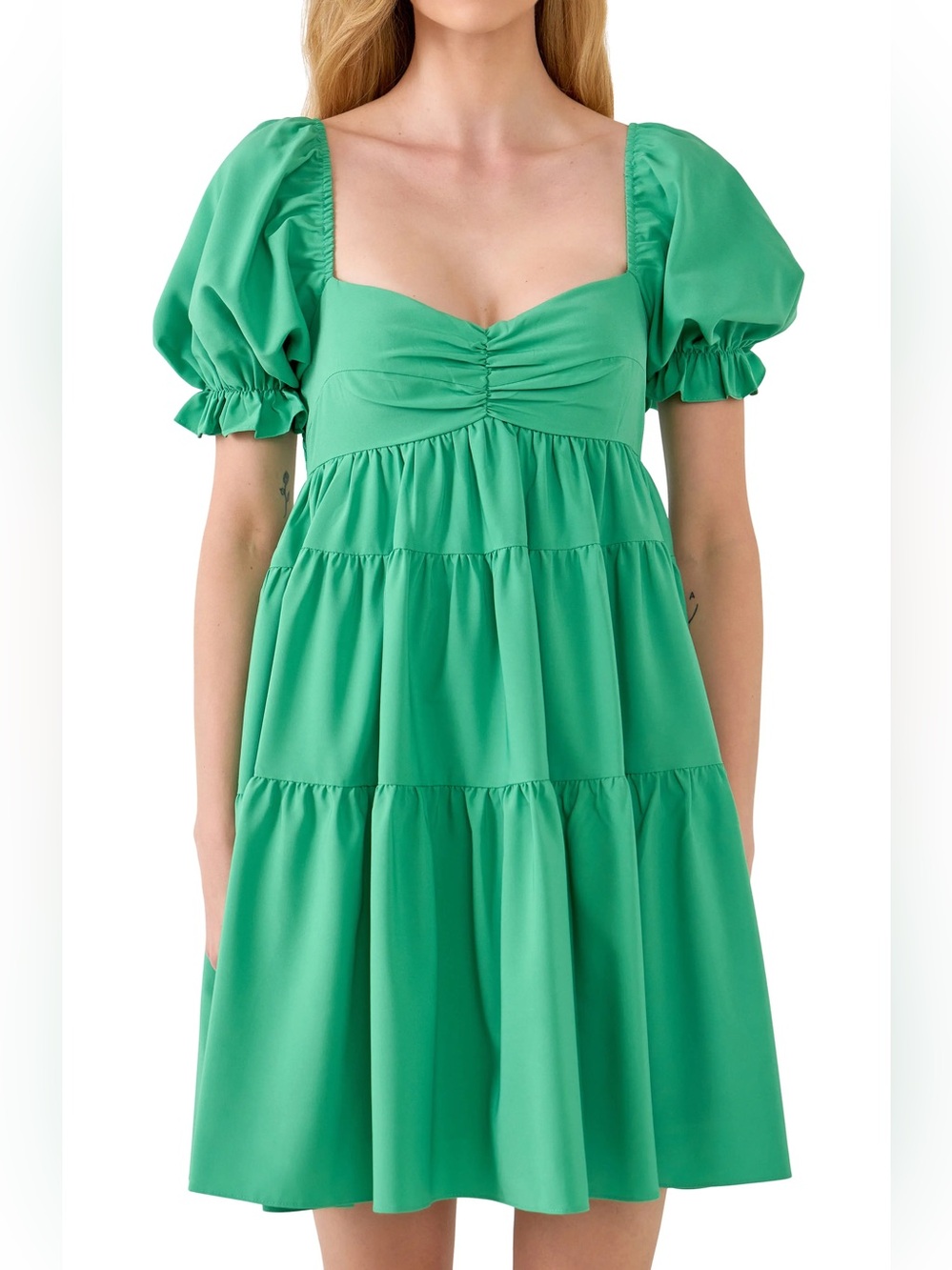 Endless Rose Anthropologie Emerald Green Puff-Sleeve Tiered Mini Dress Size S